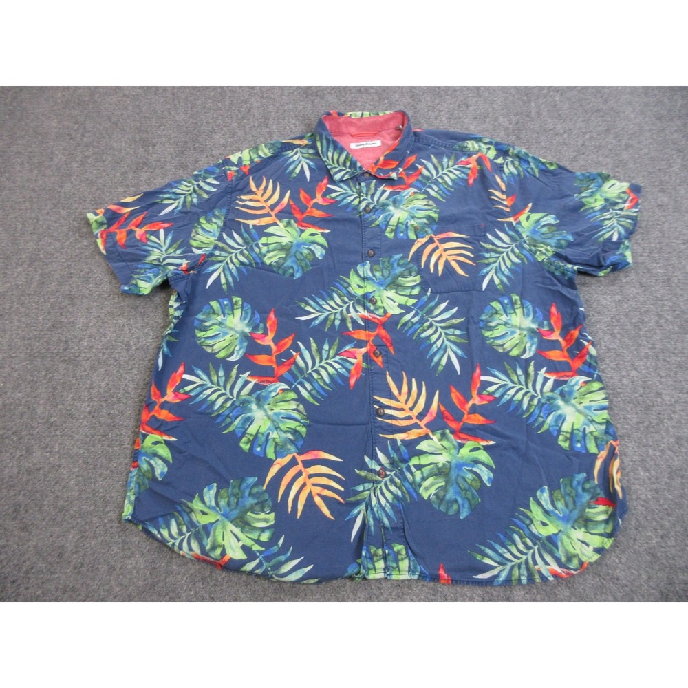 Tommy Bahama‎ Shirt Mens 3XL Blue Hawaiian Leaf Tencel Button Front Casual
